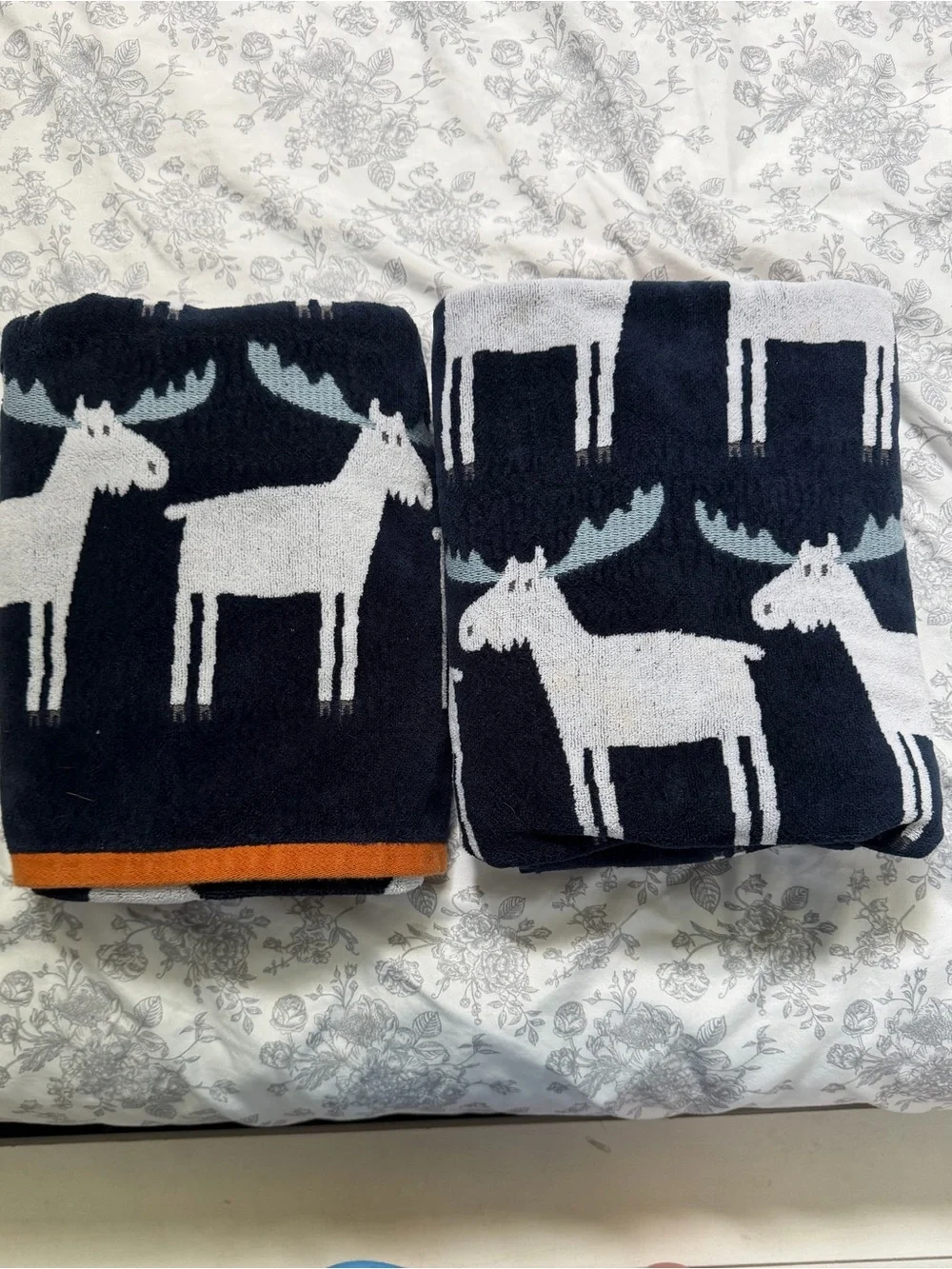 Moose Pattern Bath Towels - Navy, White & Light Blue
